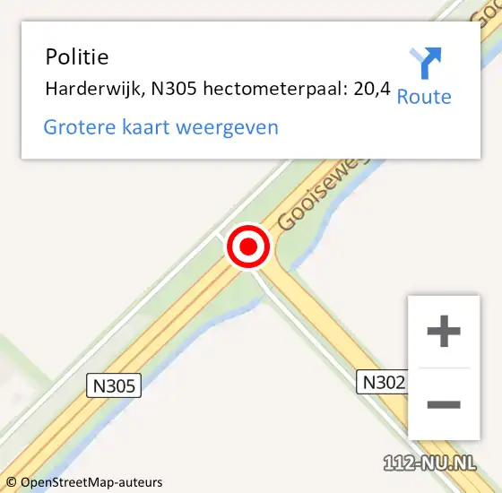 Locatie op kaart van de 112 melding: Politie Harderwijk, N305 hectometerpaal: 20,4 op 10 augustus 2021 11:03