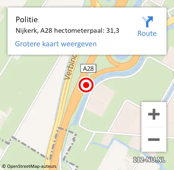 Locatie op kaart van de 112 melding: Politie Nijkerk, A28 hectometerpaal: 31,3 op 10 augustus 2021 13:11