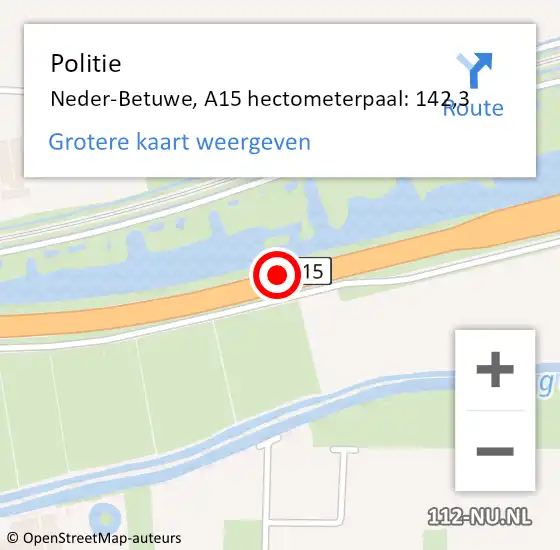 Locatie op kaart van de 112 melding: Politie Neder-Betuwe, A15 hectometerpaal: 142,3 op 10 augustus 2021 13:18