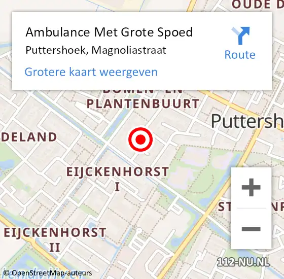 Locatie op kaart van de 112 melding: Ambulance Met Grote Spoed Naar Puttershoek, Magnoliastraat op 10 augustus 2021 14:02