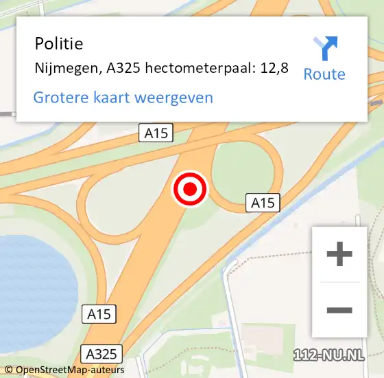 Locatie op kaart van de 112 melding: Politie Nijmegen, A325 hectometerpaal: 12,8 op 10 augustus 2021 14:07