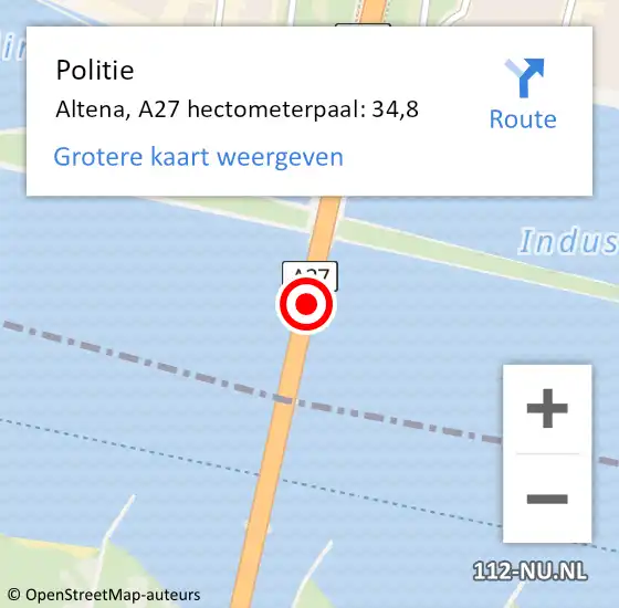 Locatie op kaart van de 112 melding: Politie Werkendam, A27 hectometerpaal: 34,8 op 10 augustus 2021 14:45