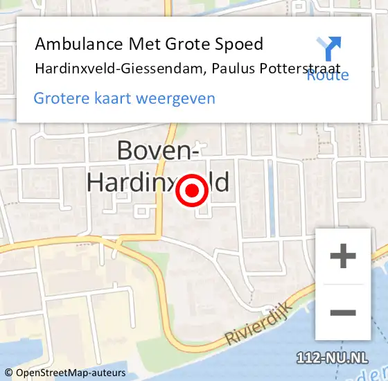 Locatie op kaart van de 112 melding: Ambulance Met Grote Spoed Naar Hardinxveld-Giessendam, Paulus Potterstraat op 10 augustus 2021 15:08