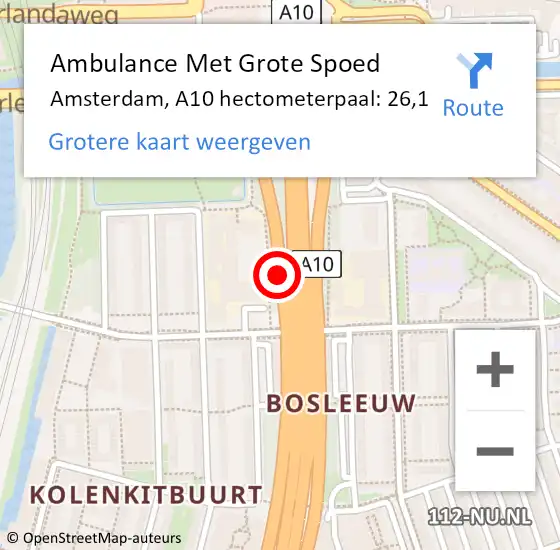 Locatie op kaart van de 112 melding: Ambulance Met Grote Spoed Naar Amsterdam, A10 hectometerpaal: 26,1 op 10 augustus 2021 15:23