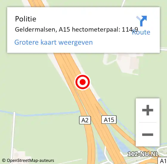 Locatie op kaart van de 112 melding: Politie Geldermalsen, A15 hectometerpaal: 114,9 op 10 augustus 2021 16:24