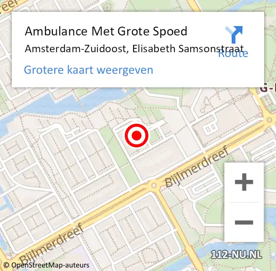 Locatie op kaart van de 112 melding: Ambulance Met Grote Spoed Naar Amsterdam-Zuidoost, Elisabeth Samsonstraat op 10 augustus 2021 17:48