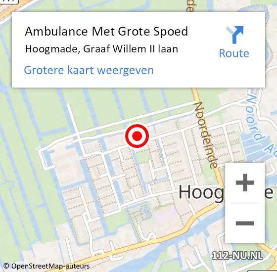 Locatie op kaart van de 112 melding: Ambulance Met Grote Spoed Naar Hoogmade, Graaf Willem II laan op 10 augustus 2021 20:31