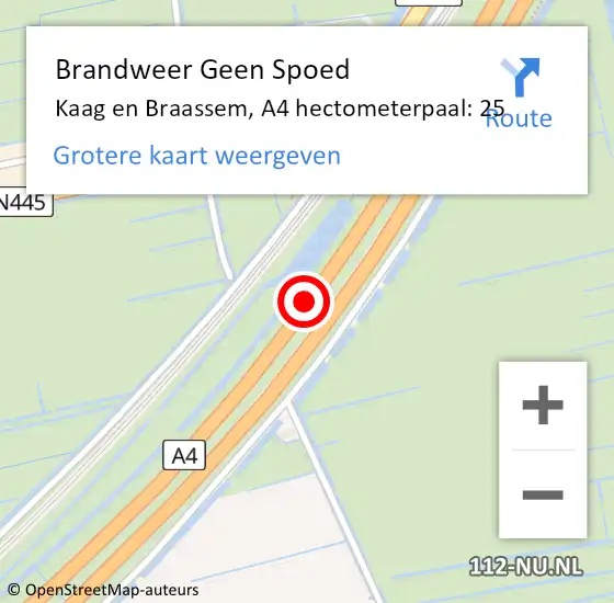 Locatie op kaart van de 112 melding: Brandweer Geen Spoed Naar Kaag en Braassem, A4 hectometerpaal: 25 op 11 augustus 2021 00:49