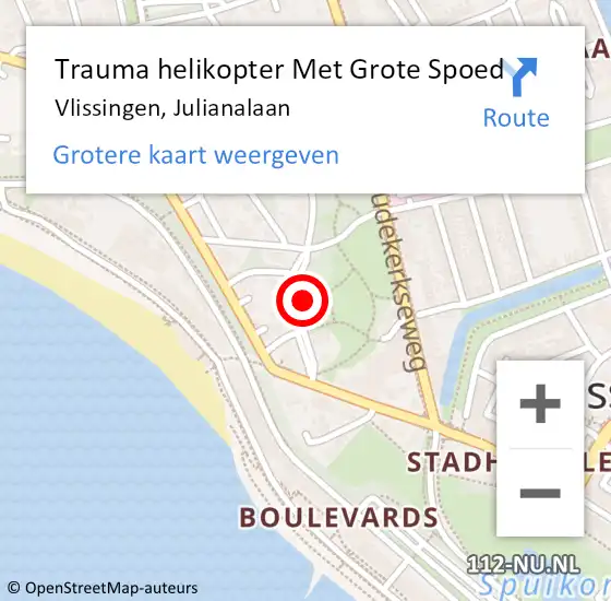 Locatie op kaart van de 112 melding: Trauma helikopter Met Grote Spoed Naar Vlissingen, Julianalaan op 11 augustus 2021 07:20