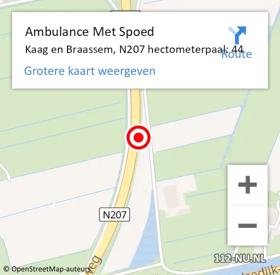 Locatie op kaart van de 112 melding: Ambulance Met Spoed Naar Kaag en Braassem, N207 hectometerpaal: 44 op 11 augustus 2021 15:21