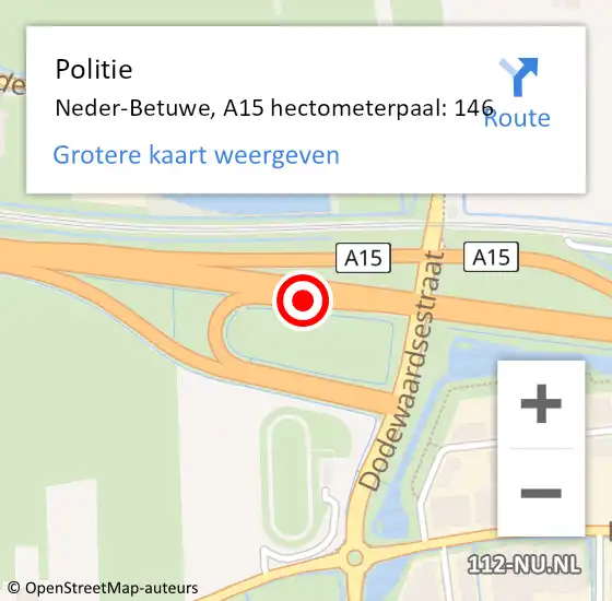 Locatie op kaart van de 112 melding: Politie Neder-Betuwe, A15 hectometerpaal: 146 op 11 augustus 2021 16:13