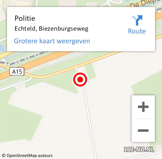 Locatie op kaart van de 112 melding: Politie Echteld, Biezenburgseweg op 11 augustus 2021 19:35