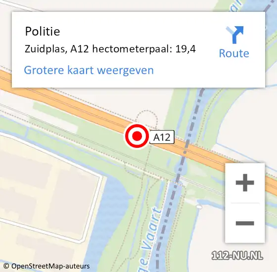 Locatie op kaart van de 112 melding: Politie Zuidplas, A12 hectometerpaal: 19,4 op 11 augustus 2021 21:12