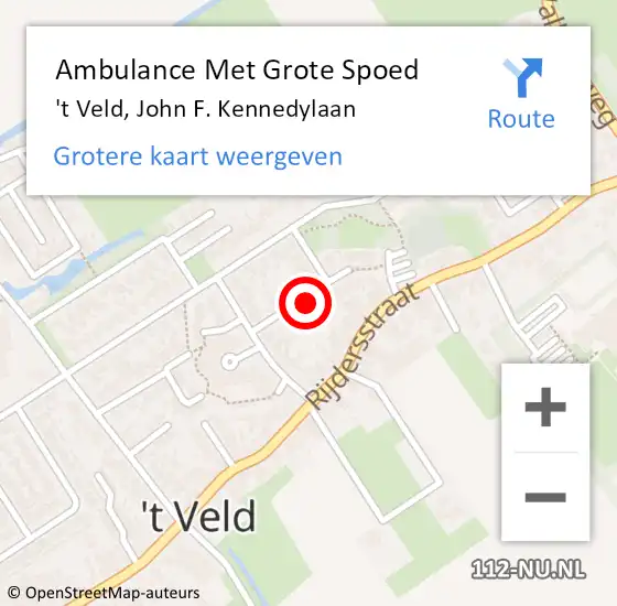 Locatie op kaart van de 112 melding: Ambulance Met Grote Spoed Naar 't Veld, John F. Kennedylaan op 11 augustus 2021 22:46