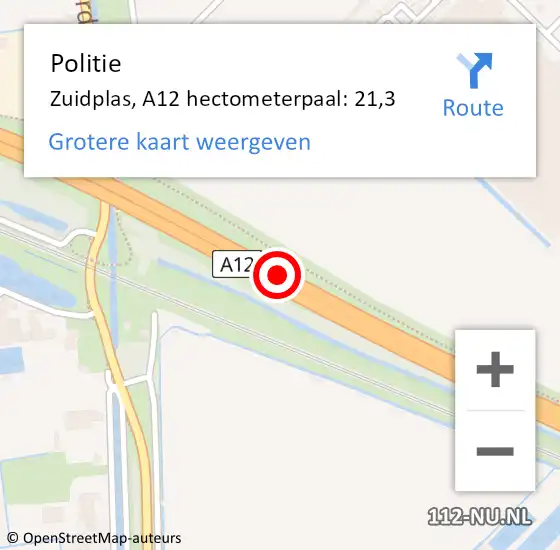 Locatie op kaart van de 112 melding: Politie Zuidplas, A12 hectometerpaal: 21,3 op 12 augustus 2021 07:09