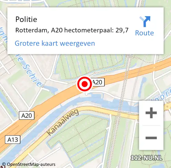 Locatie op kaart van de 112 melding: Politie Rotterdam, A20 hectometerpaal: 29,7 op 12 augustus 2021 08:31