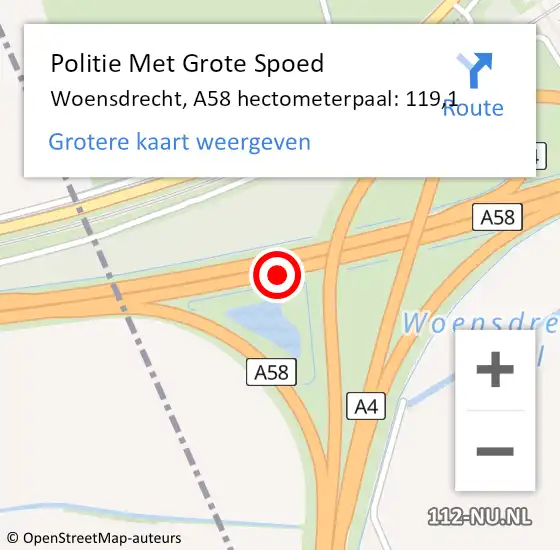 Locatie op kaart van de 112 melding: Politie Met Grote Spoed Naar Woensdrecht, A58 hectometerpaal: 119,1 op 12 augustus 2021 11:24