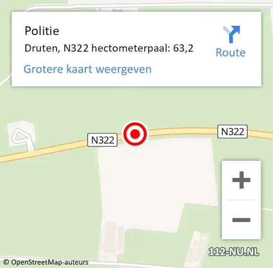 Locatie op kaart van de 112 melding: Politie Druten, N322 hectometerpaal: 63,2 op 12 augustus 2021 11:40