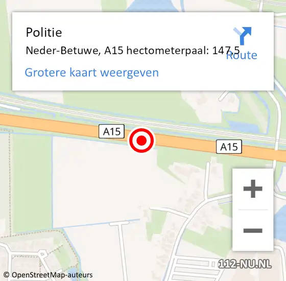 Locatie op kaart van de 112 melding: Politie Neder-Betuwe, A15 hectometerpaal: 147,5 op 12 augustus 2021 11:55