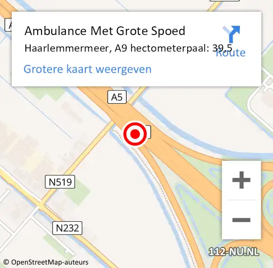 Locatie op kaart van de 112 melding: Ambulance Met Grote Spoed Naar Haarlemmermeer, A9 hectometerpaal: 39,5 op 12 augustus 2021 11:57