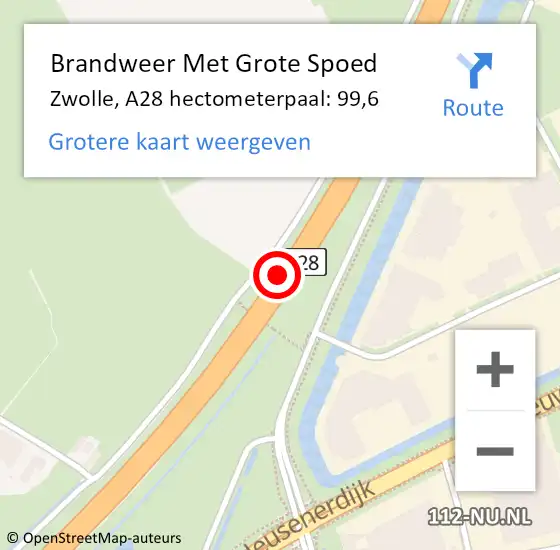 Locatie op kaart van de 112 melding: Brandweer Met Grote Spoed Naar Zwolle, A28 hectometerpaal: 99,6 op 12 augustus 2021 12:25