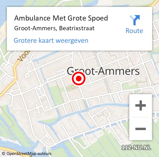 Locatie op kaart van de 112 melding: Ambulance Met Grote Spoed Naar Groot-Ammers, Beatrixstraat op 12 augustus 2021 12:38