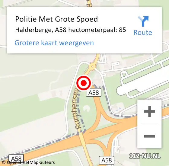 Locatie op kaart van de 112 melding: Politie Met Grote Spoed Naar Halderberge, A58 hectometerpaal: 85 op 12 augustus 2021 12:57