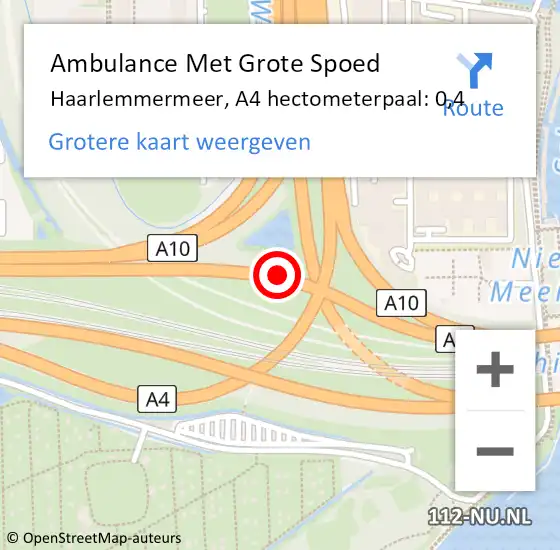 Locatie op kaart van de 112 melding: Ambulance Met Grote Spoed Naar Haarlemmermeer, A4 hectometerpaal: 0,4 op 12 augustus 2021 12:58