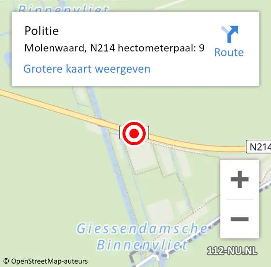 Locatie op kaart van de 112 melding: Politie Molenwaard, N214 hectometerpaal: 9 op 12 augustus 2021 14:54