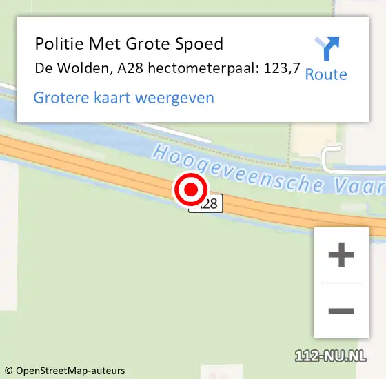 Locatie op kaart van de 112 melding: Politie Met Grote Spoed Naar De Wolden, A28 hectometerpaal: 123,7 op 12 augustus 2021 15:50