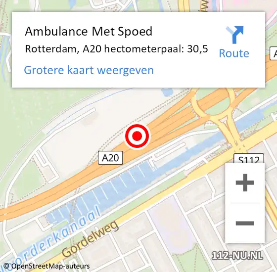 Locatie op kaart van de 112 melding: Ambulance Met Spoed Naar Rotterdam, A20 hectometerpaal: 30,5 op 12 augustus 2021 17:34