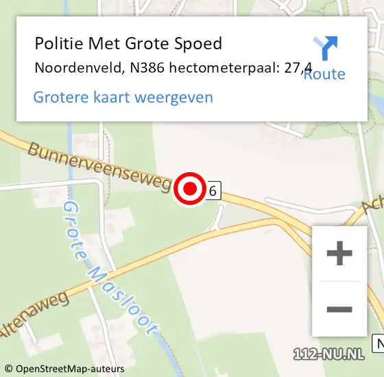 Locatie op kaart van de 112 melding: Politie Met Grote Spoed Naar Noordenveld, N386 hectometerpaal: 27,4 op 12 augustus 2021 17:45