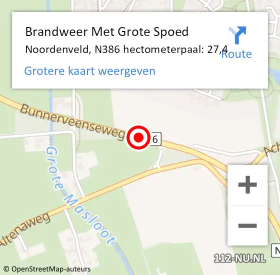 Locatie op kaart van de 112 melding: Brandweer Met Grote Spoed Naar Noordenveld, N386 hectometerpaal: 27,4 op 12 augustus 2021 17:46