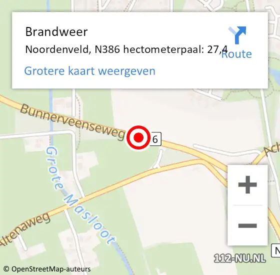 Locatie op kaart van de 112 melding: Brandweer Noordenveld, N386 hectometerpaal: 27,4 op 12 augustus 2021 17:47