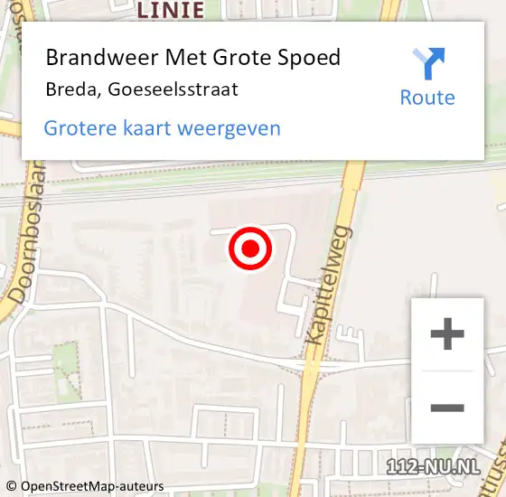 Locatie op kaart van de 112 melding: Brandweer Met Grote Spoed Naar Breda, Goeseelsstraat op 12 augustus 2021 22:04