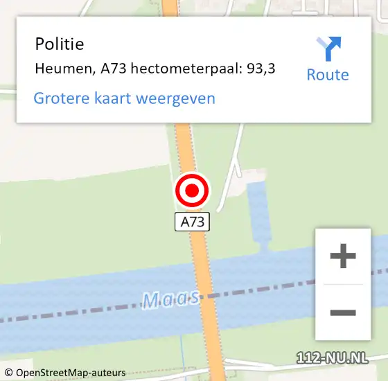 Locatie op kaart van de 112 melding: Politie Heumen, A73 hectometerpaal: 93,3 op 13 augustus 2021 11:22