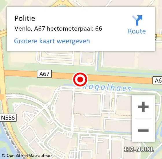 Locatie op kaart van de 112 melding: Politie Venlo, A67 hectometerpaal: 66 op 13 augustus 2021 14:28