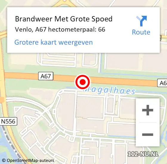 Locatie op kaart van de 112 melding: Brandweer Met Grote Spoed Naar Venlo, A67 hectometerpaal: 66 op 13 augustus 2021 14:29