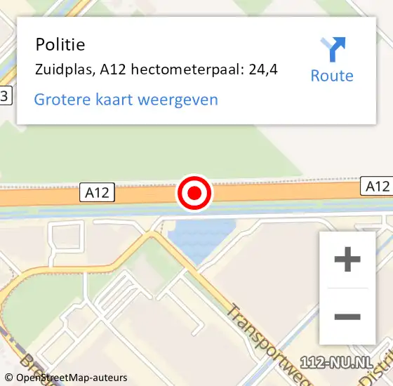 Locatie op kaart van de 112 melding: Politie Zuidplas, A12 hectometerpaal: 24,4 op 13 augustus 2021 14:54