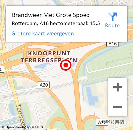 Locatie op kaart van de 112 melding: Brandweer Met Grote Spoed Naar Rotterdam, A16 hectometerpaal: 15,5 op 13 augustus 2021 16:07