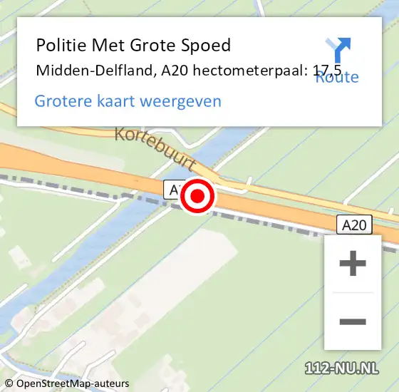 Locatie op kaart van de 112 melding: Politie Met Grote Spoed Naar Midden-Delfland, A20 hectometerpaal: 17,5 op 13 augustus 2021 16:14