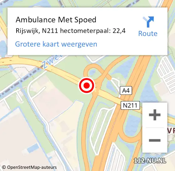 Locatie op kaart van de 112 melding: Ambulance Met Spoed Naar Rijswijk, N211 hectometerpaal: 22,4 op 13 augustus 2021 18:27
