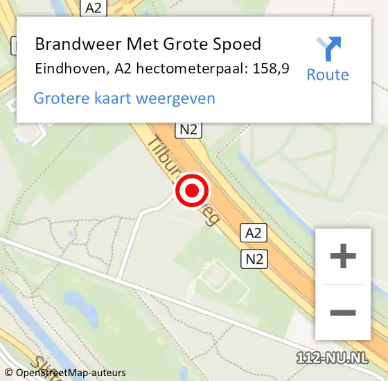 Locatie op kaart van de 112 melding: Brandweer Met Grote Spoed Naar Eindhoven, A2 hectometerpaal: 158,9 op 13 augustus 2021 18:57