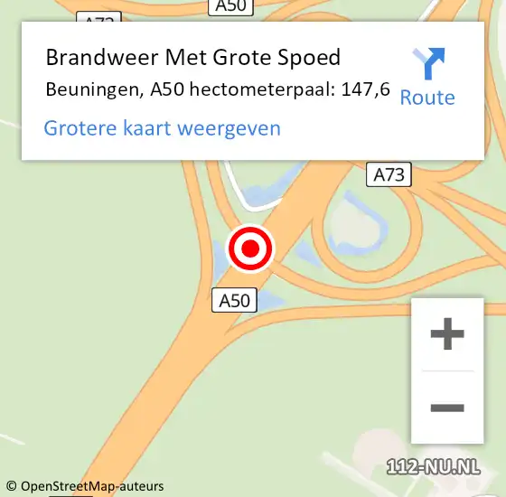 Locatie op kaart van de 112 melding: Brandweer Met Grote Spoed Naar Beuningen, A50 hectometerpaal: 147,6 op 13 augustus 2021 20:23