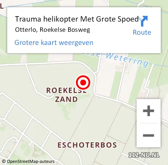 Locatie op kaart van de 112 melding: Trauma helikopter Met Grote Spoed Naar Otterlo, Roekelse Bosweg op 13 augustus 2021 22:09