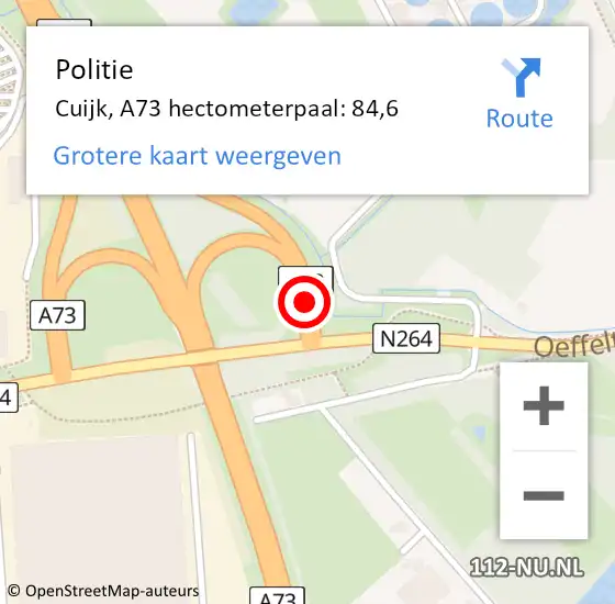 Locatie op kaart van de 112 melding: Politie Cuijk, A73 hectometerpaal: 84,6 op 13 augustus 2021 22:38