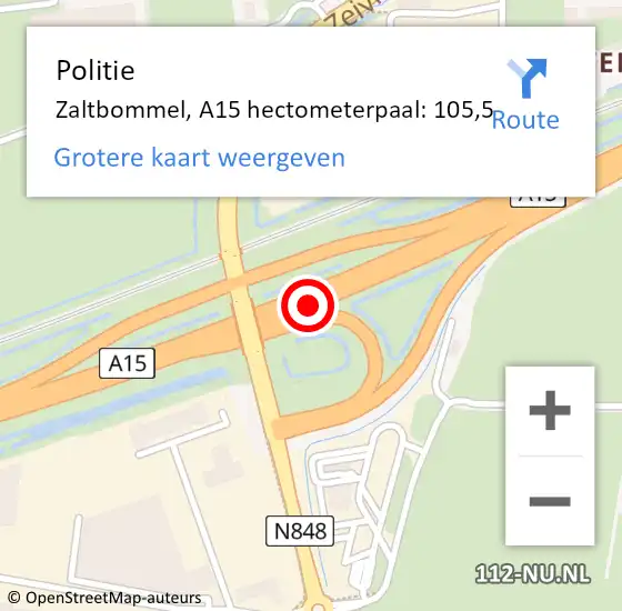 Locatie op kaart van de 112 melding: Politie Zaltbommel, A15 hectometerpaal: 105,5 op 13 augustus 2021 23:05