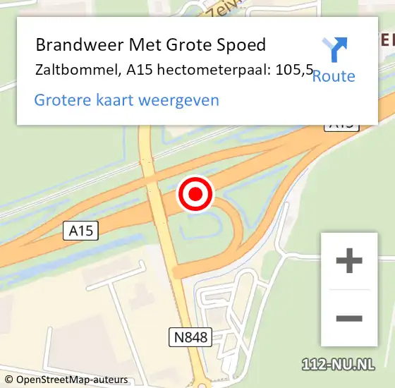 Locatie op kaart van de 112 melding: Brandweer Met Grote Spoed Naar Zaltbommel, A15 hectometerpaal: 105,5 op 13 augustus 2021 23:08