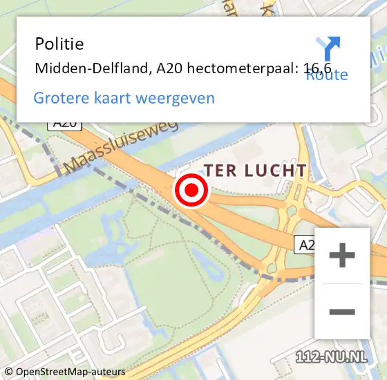 Locatie op kaart van de 112 melding: Politie Midden-Delfland, A20 hectometerpaal: 16,6 op 13 augustus 2021 23:15