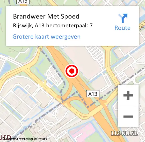 Locatie op kaart van de 112 melding: Brandweer Met Spoed Naar Rijswijk, A13 hectometerpaal: 7 op 14 augustus 2021 02:14